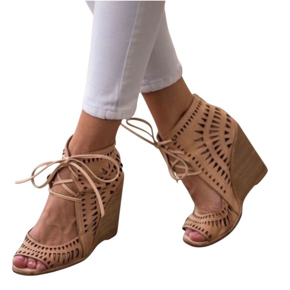 Jeffrey Campbell Shoes - Jeffrey Campbell Lace Up Wedge Sandals 8.5 Tan Neutral Boho Booties Boots